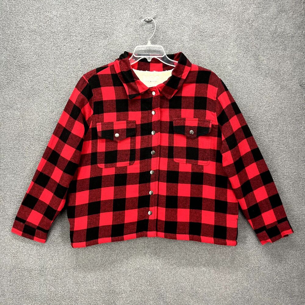 Lucky‎ Brand Jacket Womens XL Red Black Plaid Fleece Shacket Oversized
